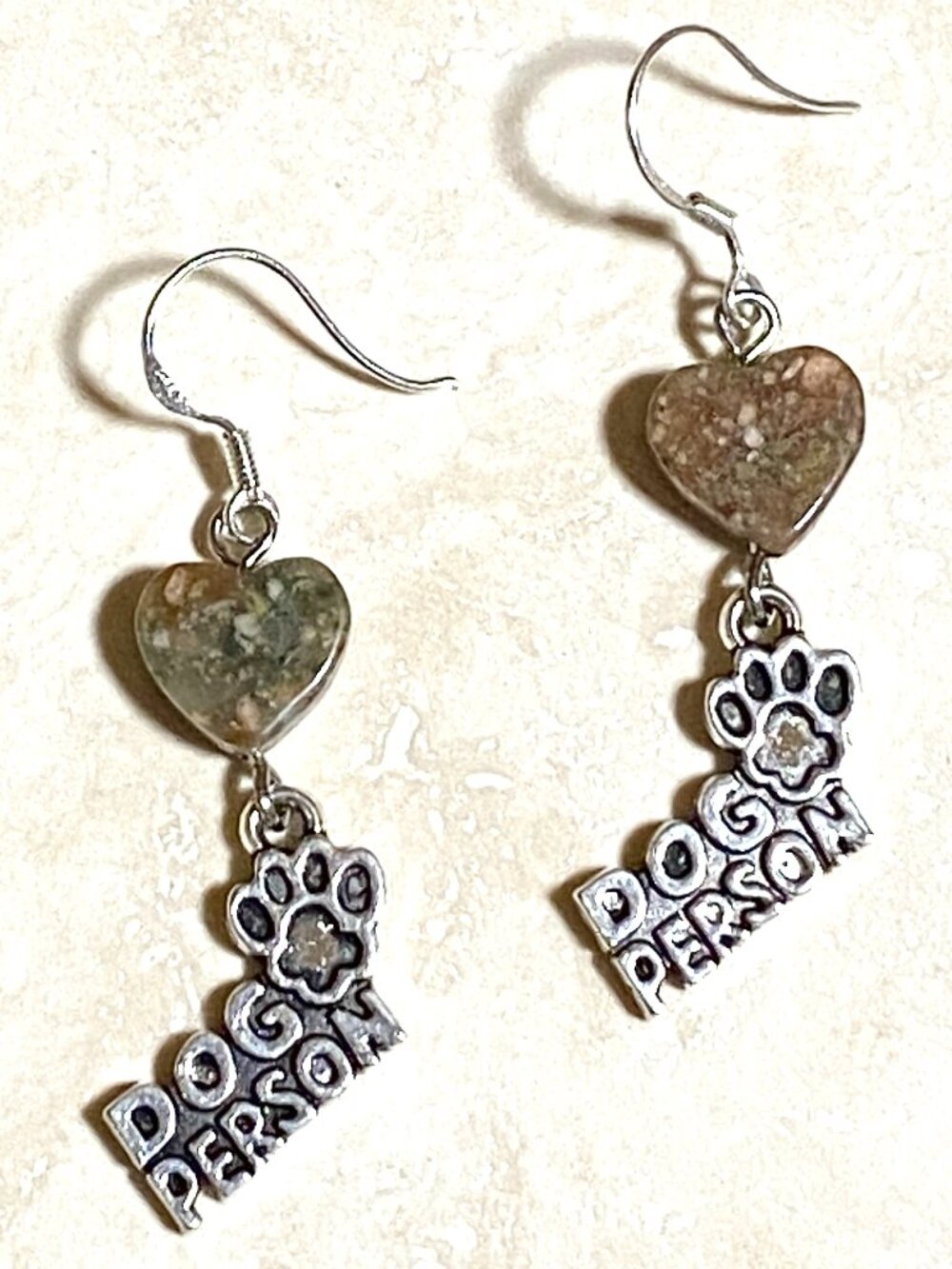 2/$20, Unakite Stone Heart Dog Person Earrings, Gemstone & Sterling Silver Hooks